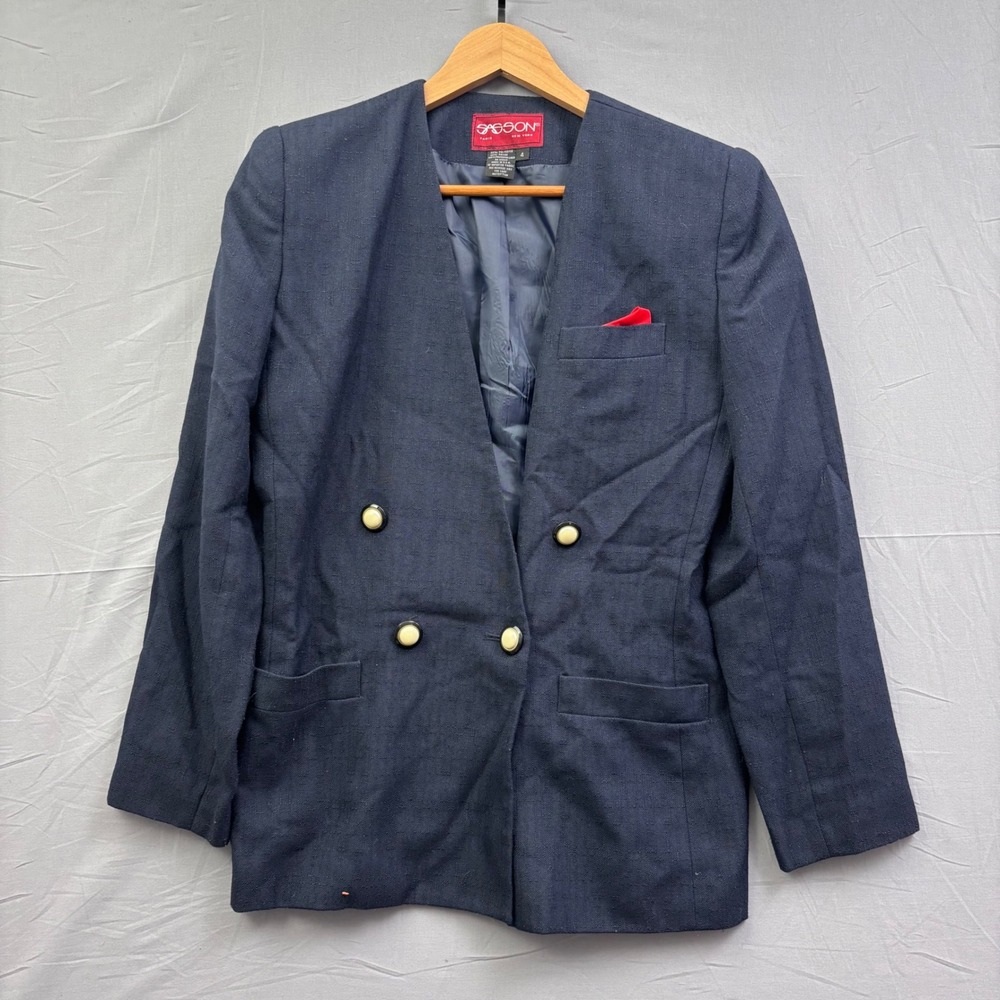 Sasson Vintage Navy Blue Double Breasted Collarless Blazer Jacket Size 4 USA